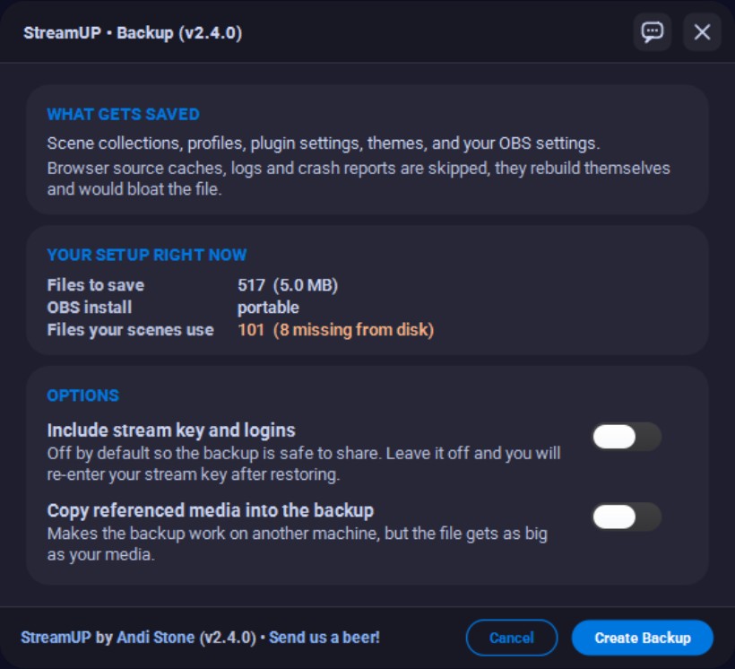 The StreamUP Backup window listing what gets saved, the current setup, and options for including the stream key or copying referenced media