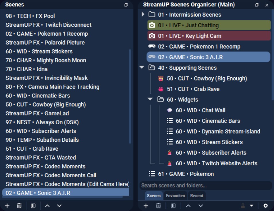 Side by side: the default OBS scene list as one long flat list, and the same scenes in the StreamUP Scenes Organiser grouped into folders