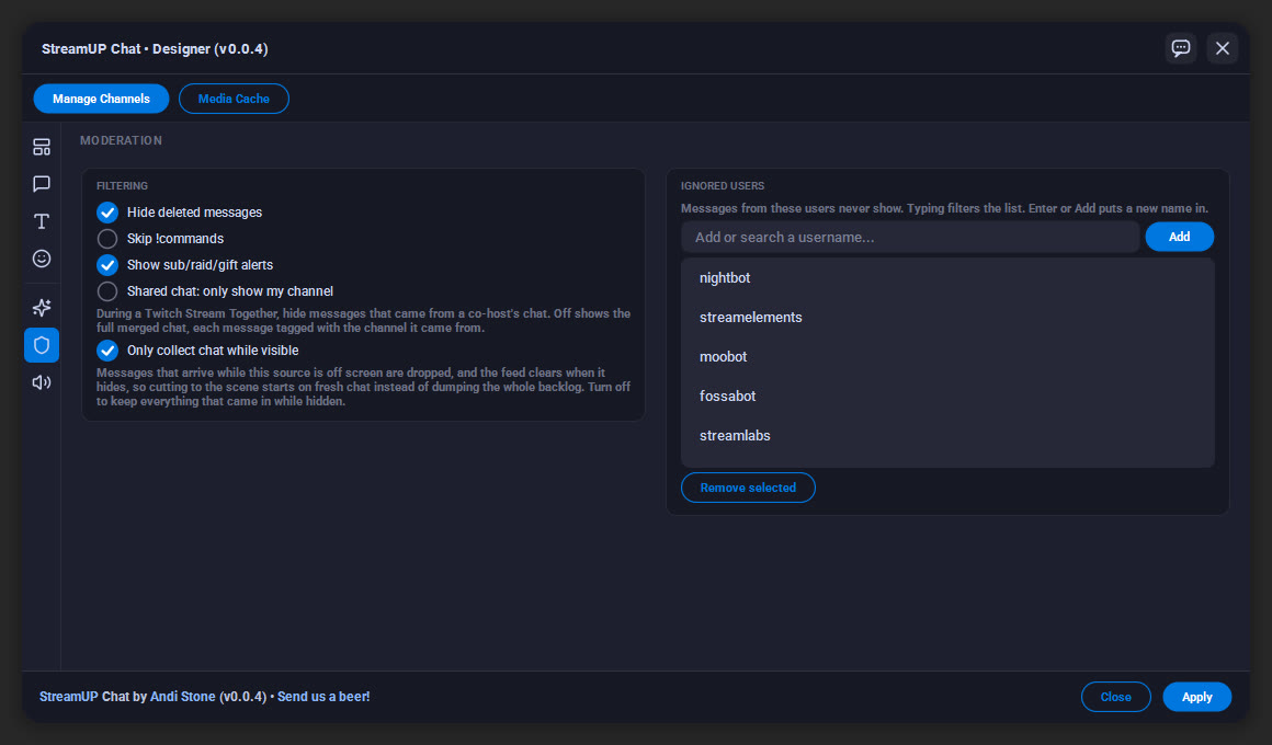 Moderation. Hide deleted messages, skip commands, ignore your bots.