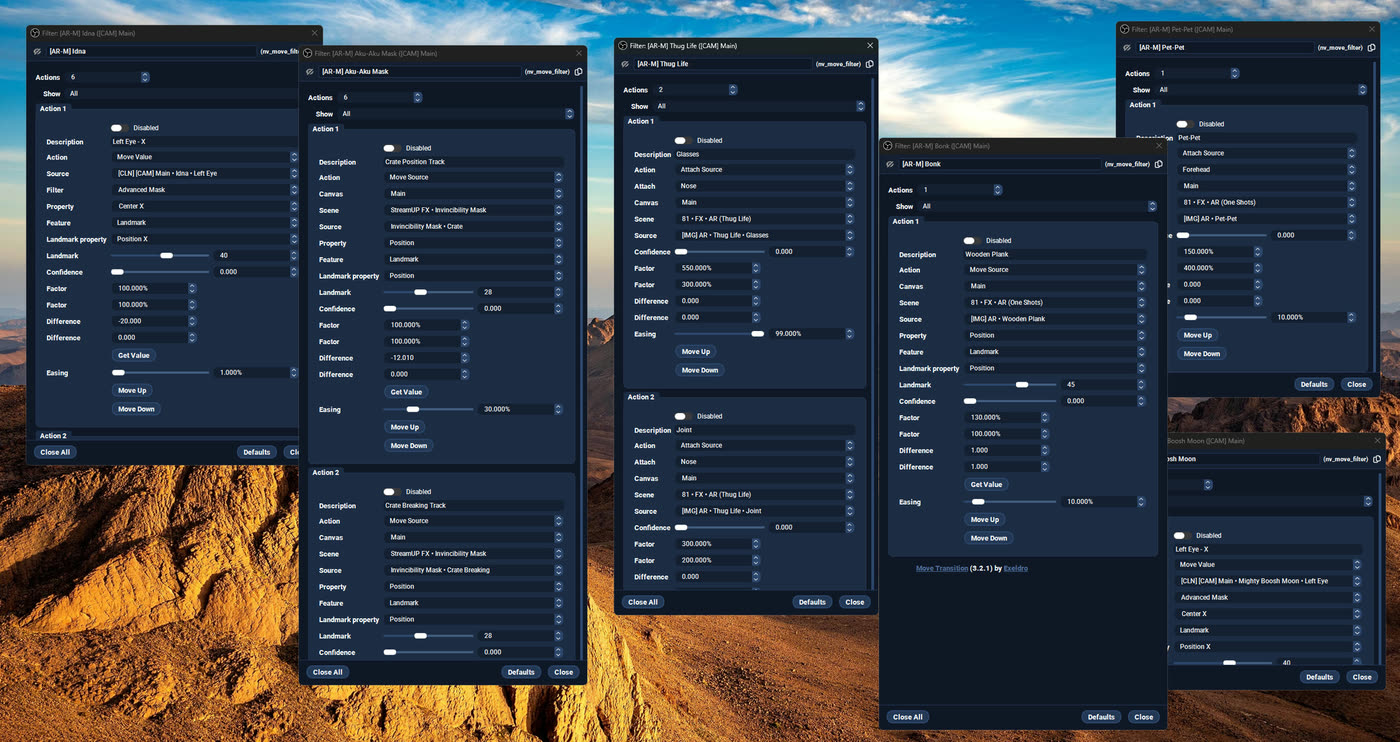 Six filters open at once, side by side, so you can compare them as you work.