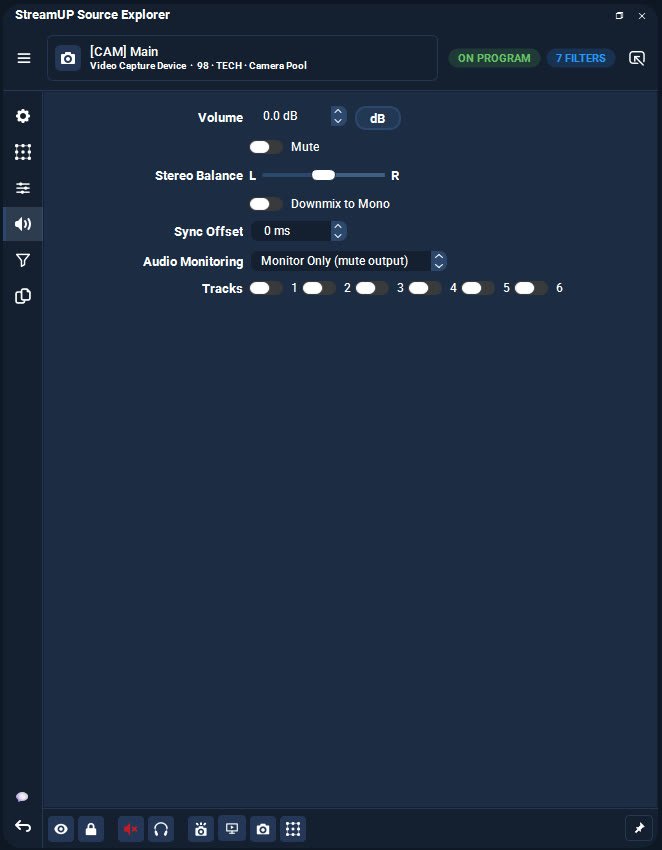 Audio. Volume, monitoring, sync offset and which tracks it goes to.