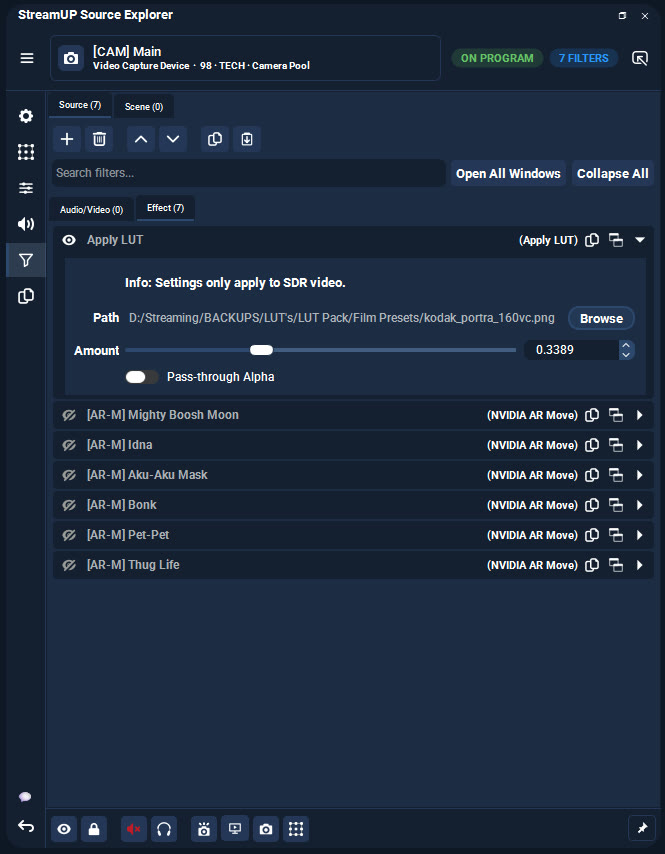 Filters. The whole chain, with search, and the settings right there.