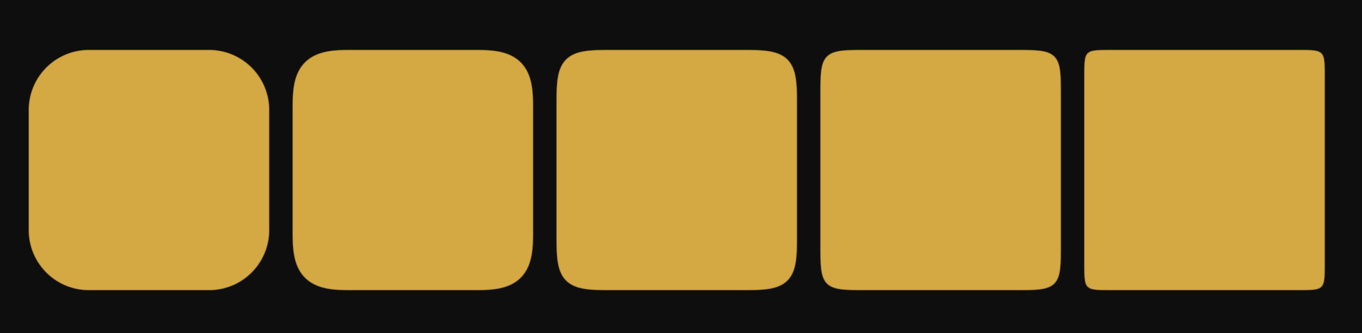 The same radius at squircleness 2, 3, 4, 6 and 12.